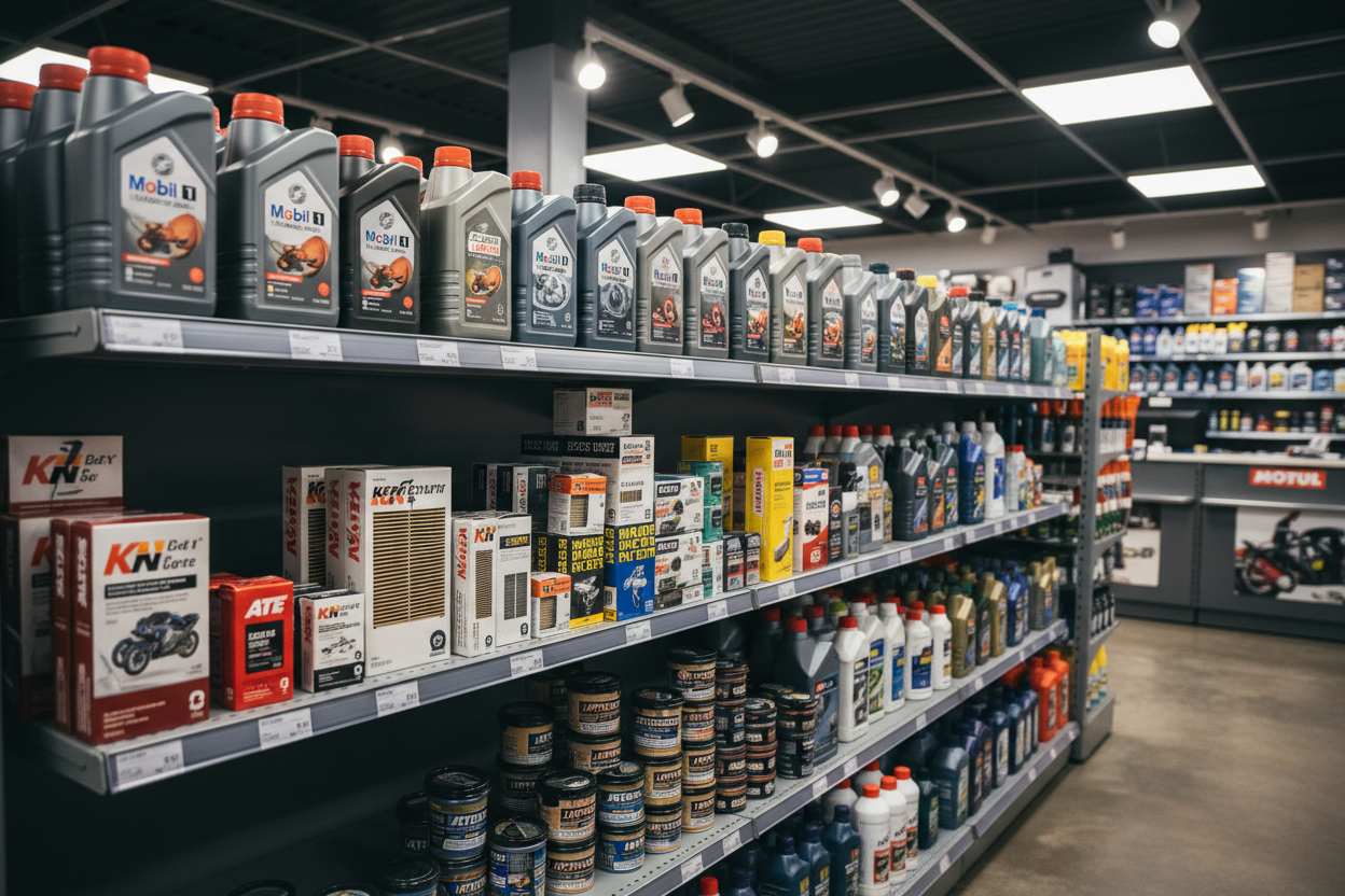 una estantería con aceites, filtros de aire, pastas de freno