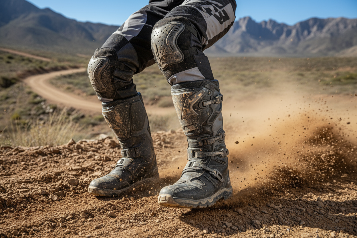 una foto de medias largas con rodilleras o botas puestas (si no la tienes, usa una imagen de estilo off-road / aventura con enfoque en piernas / botas).